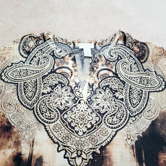 Chico's (1) Womans Tunic Top Jeweled/Beaded Brown Paisley Made In USA Size Small - Picture 8 of 13
